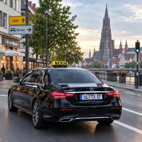 Black Taxi Ulm Mercedes von hinten, im Hintergrund das Ulmer Münster und die Donau