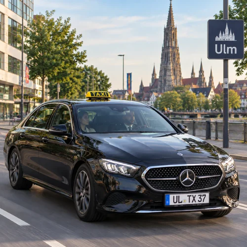 Schwarzes Mercedes Taxi in Ulm mit Blick auf das Ulmer Münster